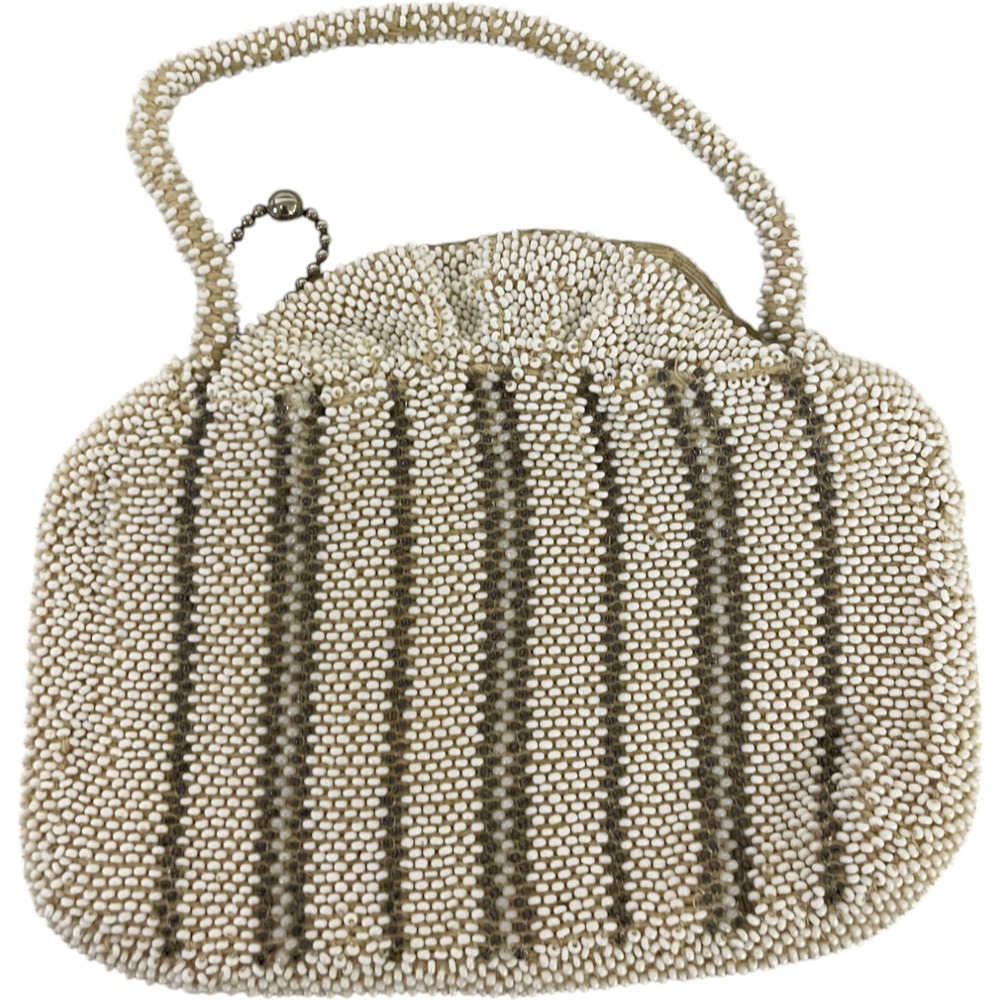 Vintage Micro Beaded Evening Mini Purse Bag Womens Ivory Single Handle Top Zip